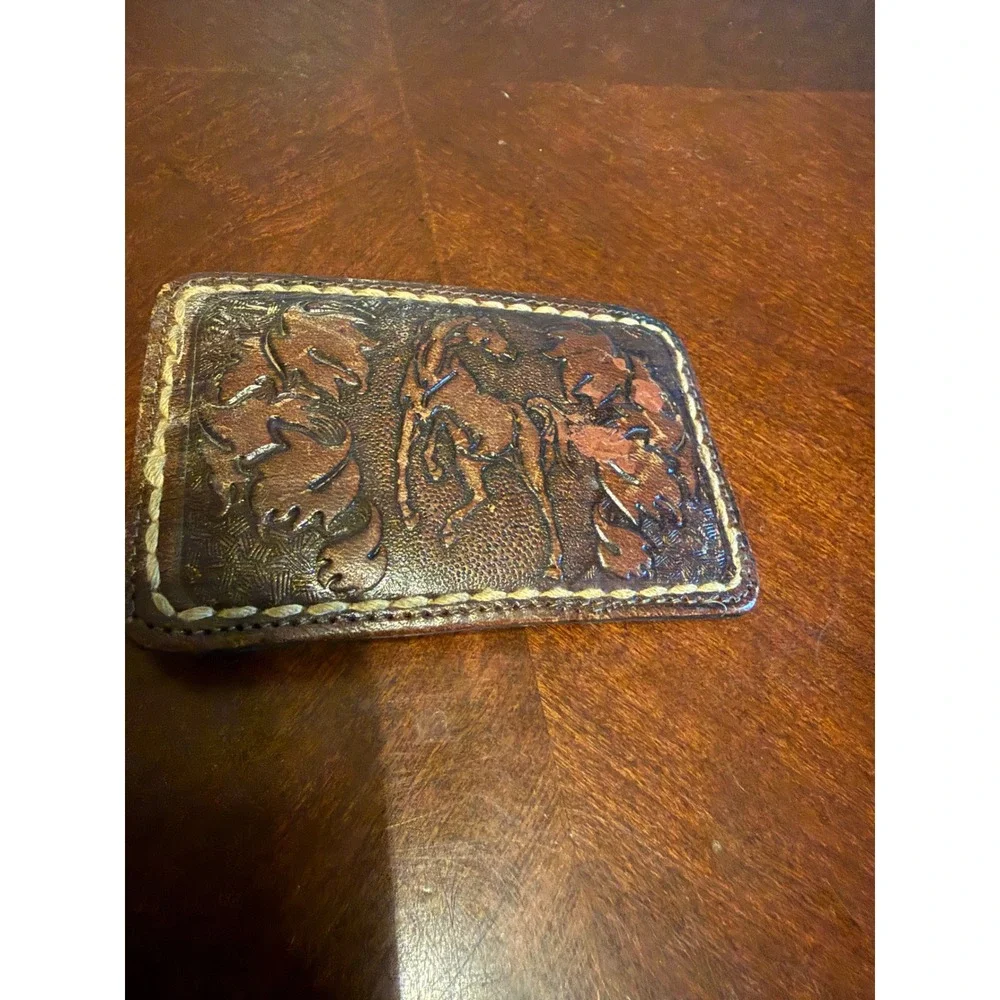Vintage Tooled Leather Horse Floral Belt Buckle Brown Western C-822